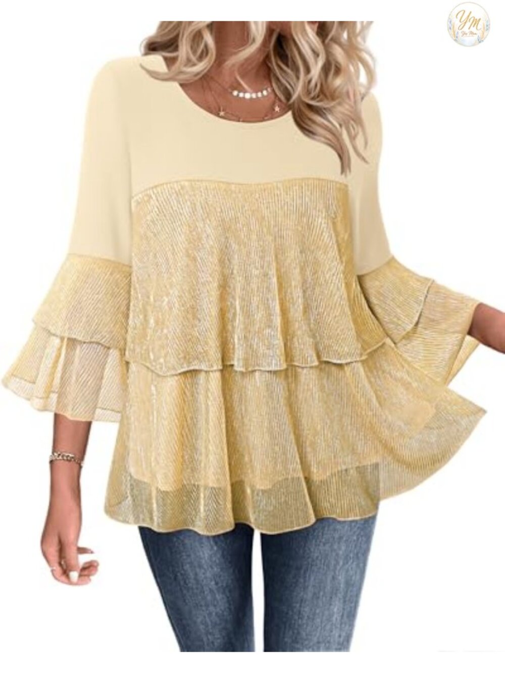 Womens Sparkly Peplum Blouse 3/4 Sleeve Ruffle Mesh Evening Party Top